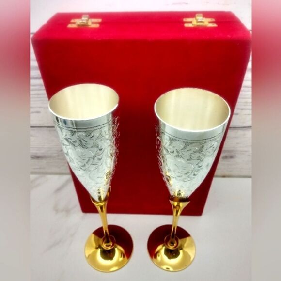 Vintage Champagne Flutes Glasses Brass Silver Plate  From Calcutta India - Picture 3 of 16